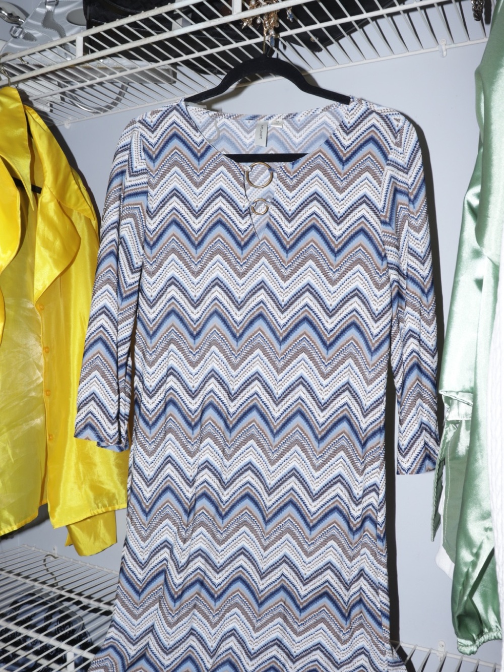 Women's Blue Chevron Midi Dress with Ring Detail